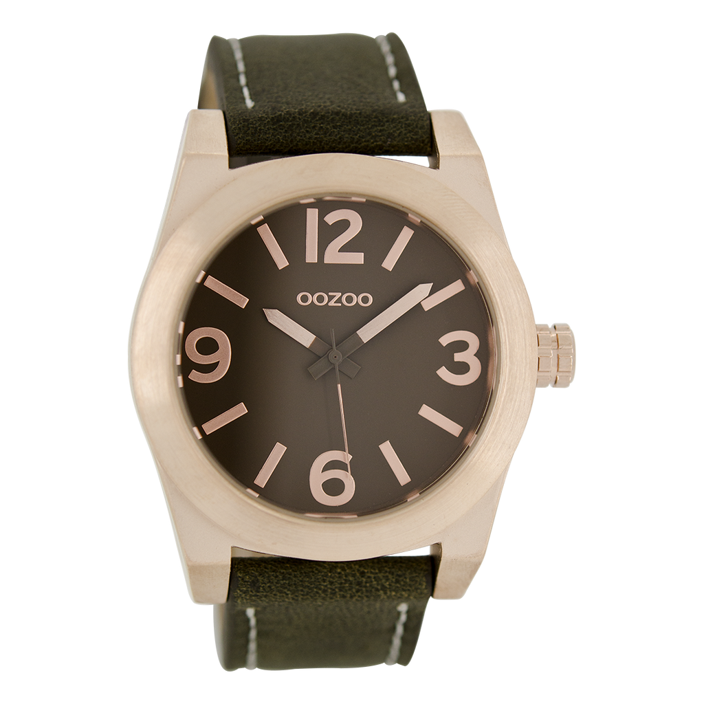 OOZOO Montre en couleur or rose avec bracelet en cuir en marron foncé - C6738