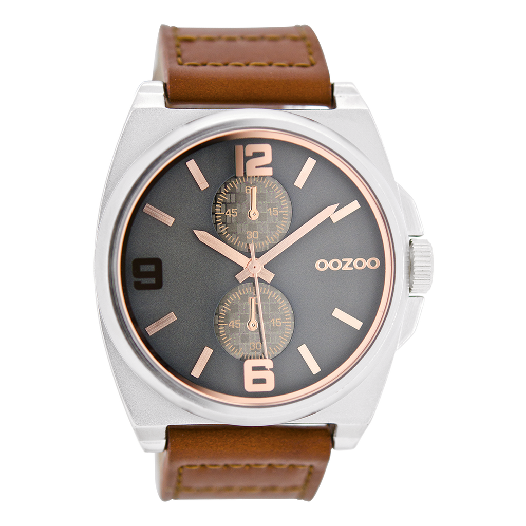 Silver coloured OOZOO watch with brown leather strap - C6757