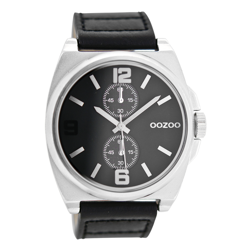 Silver coloured OOZOO watch with black leather strap - C6759