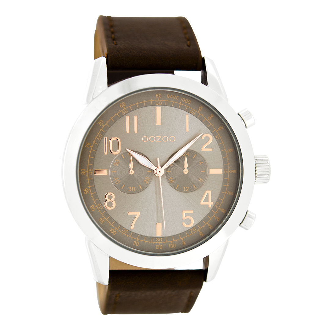 OOZOO Montre en couleur argent avec bracelet en cuir en marron foncé - C6885