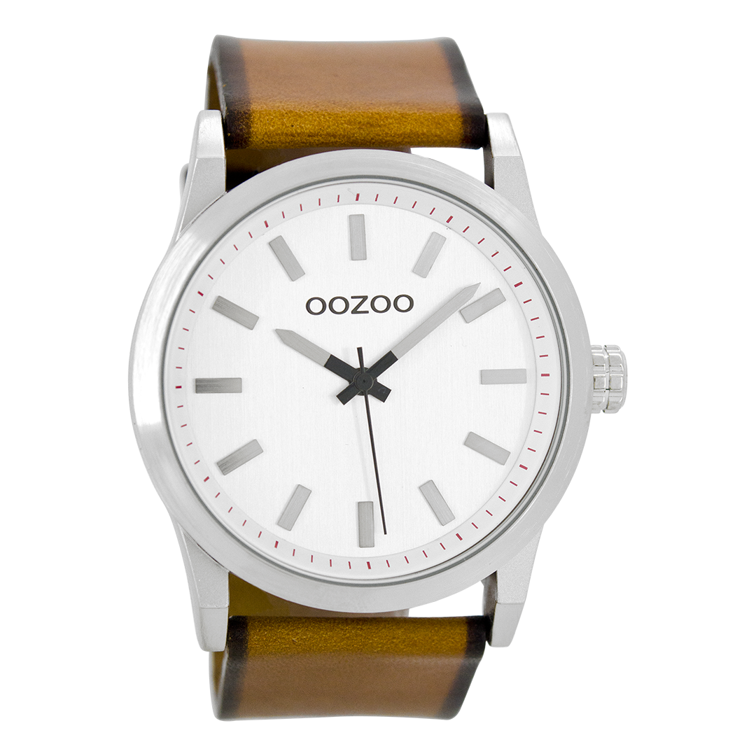 OOZOO Montre en couleur argent avec bracelet en cuir en cognac - C7036