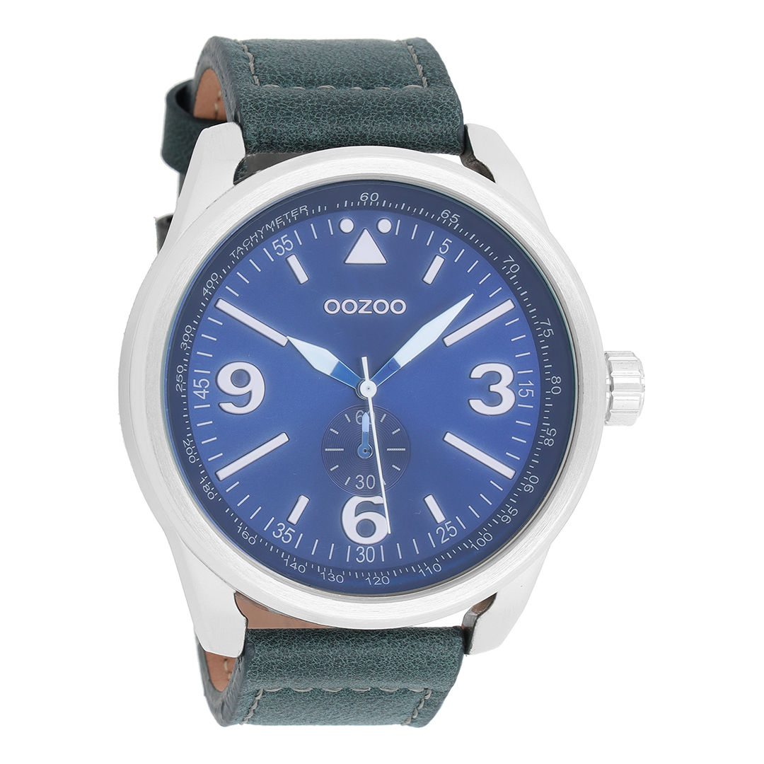 Silver coloured OOZOO watch with blue leather strap - C7067