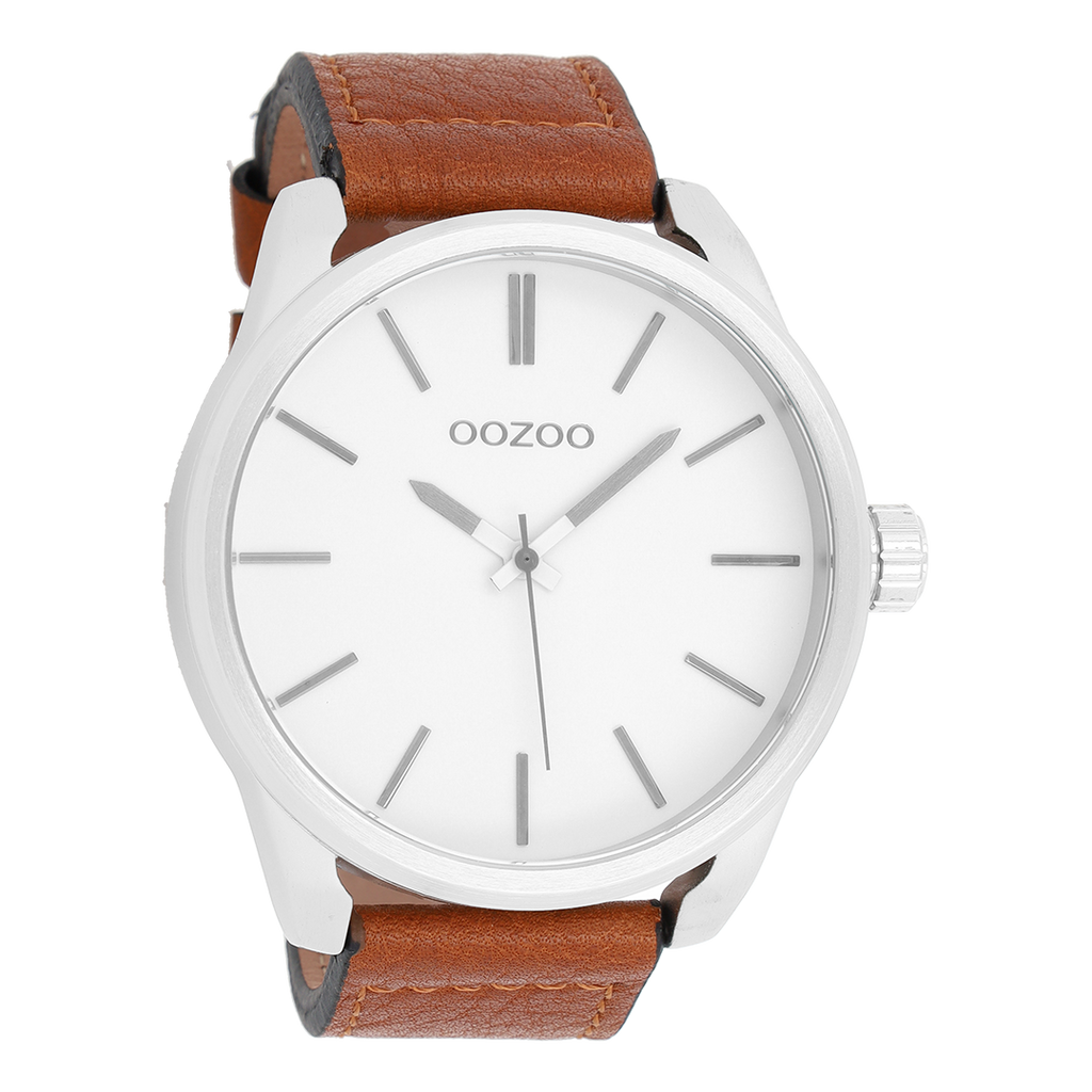 Silver coloured OOZOO watch with cognac leather strap - C7070