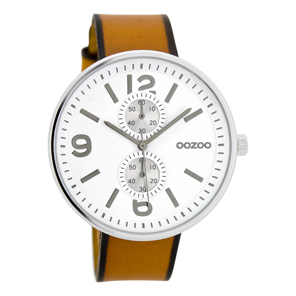 Silver coloured OOZOO watch with cognac leather strap - C7075