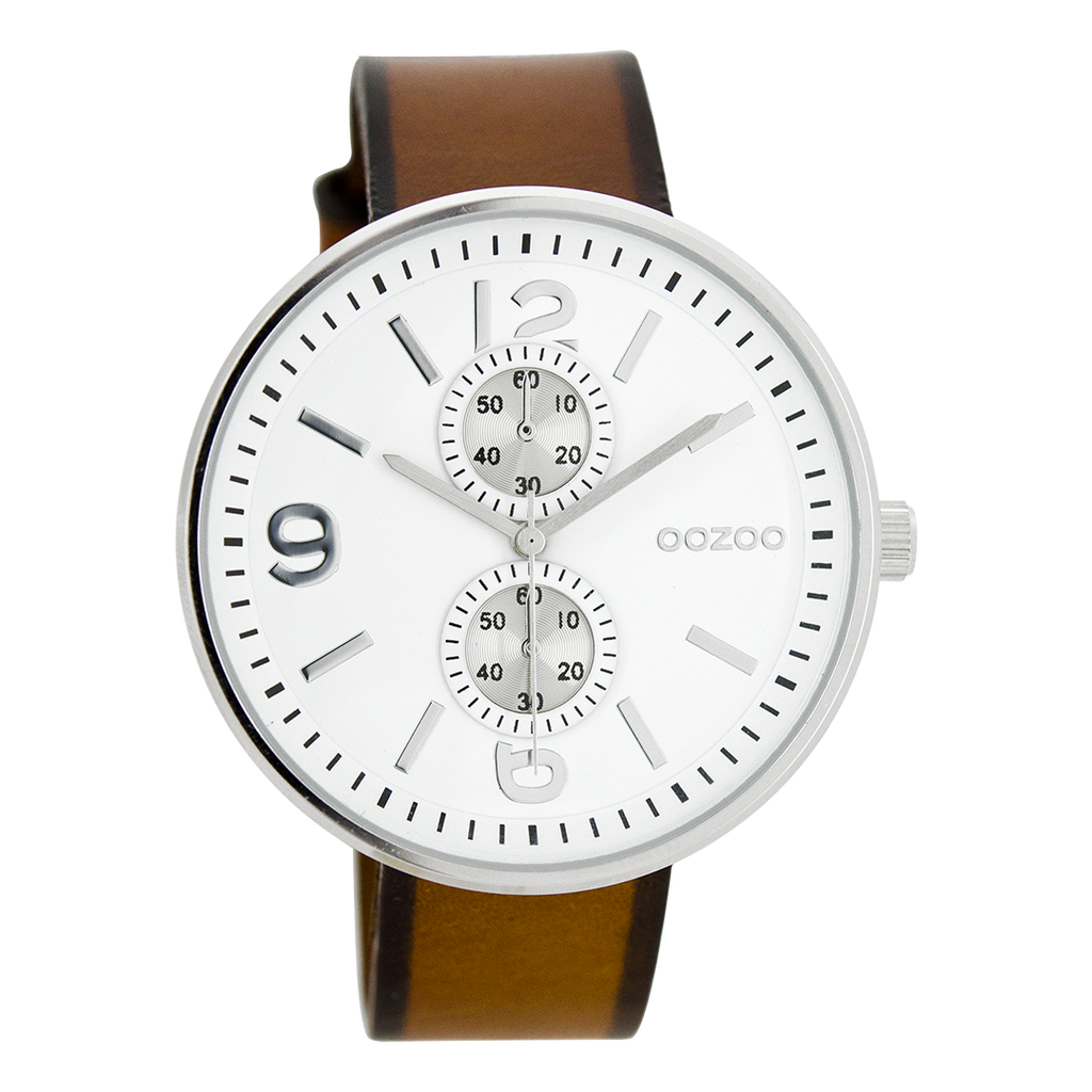 Silver coloured OOZOO watch with cognac leather strap - C7076