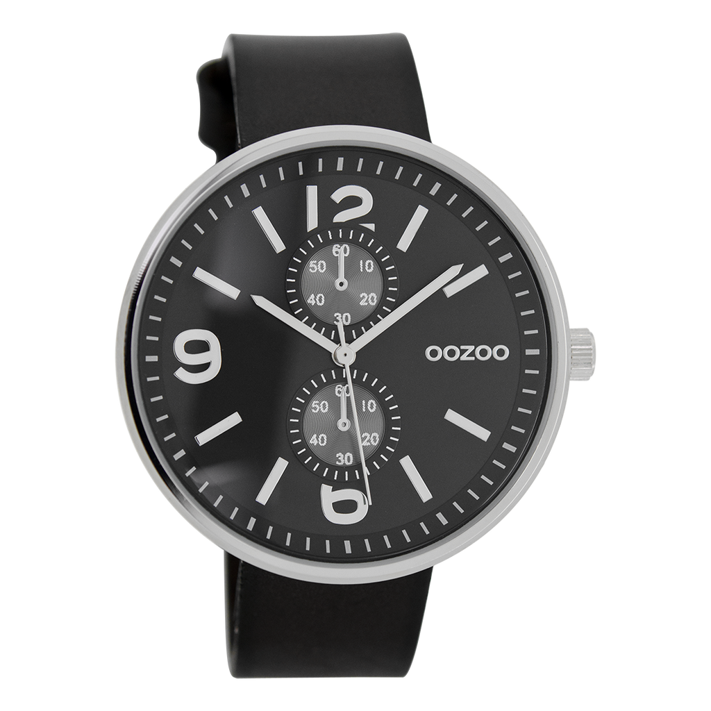 Silver coloured OOZOO watch with black leather strap - C7079