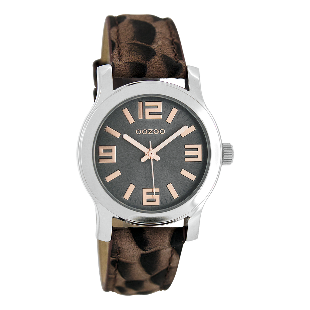Zilverkleurige OOZOO horloge met bruine leren band - C7129