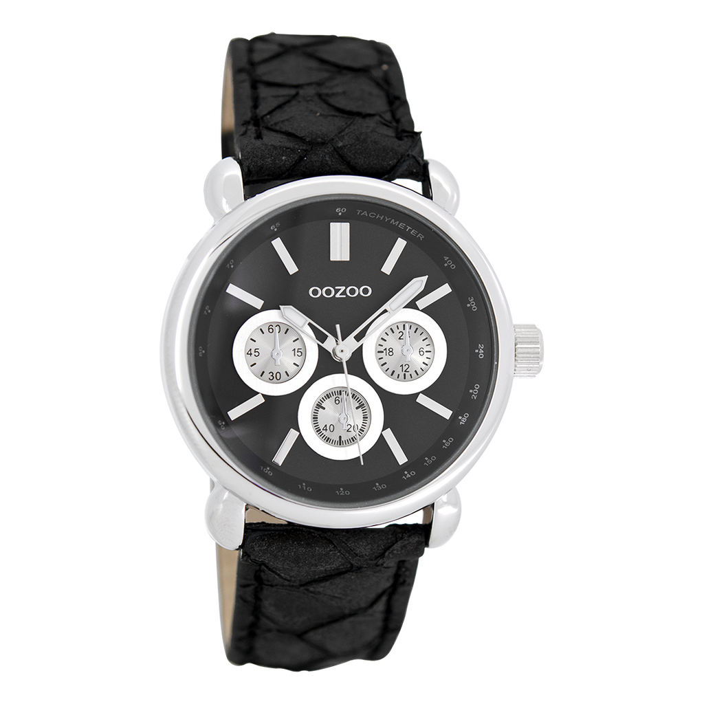 Zilverkleurige OOZOO horloge met zwarte leren band - C7139