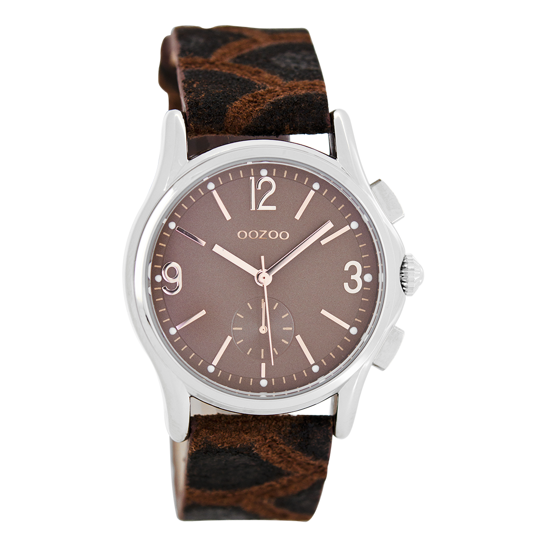 Silver coloured OOZOO watch with brown leather strap - C7229