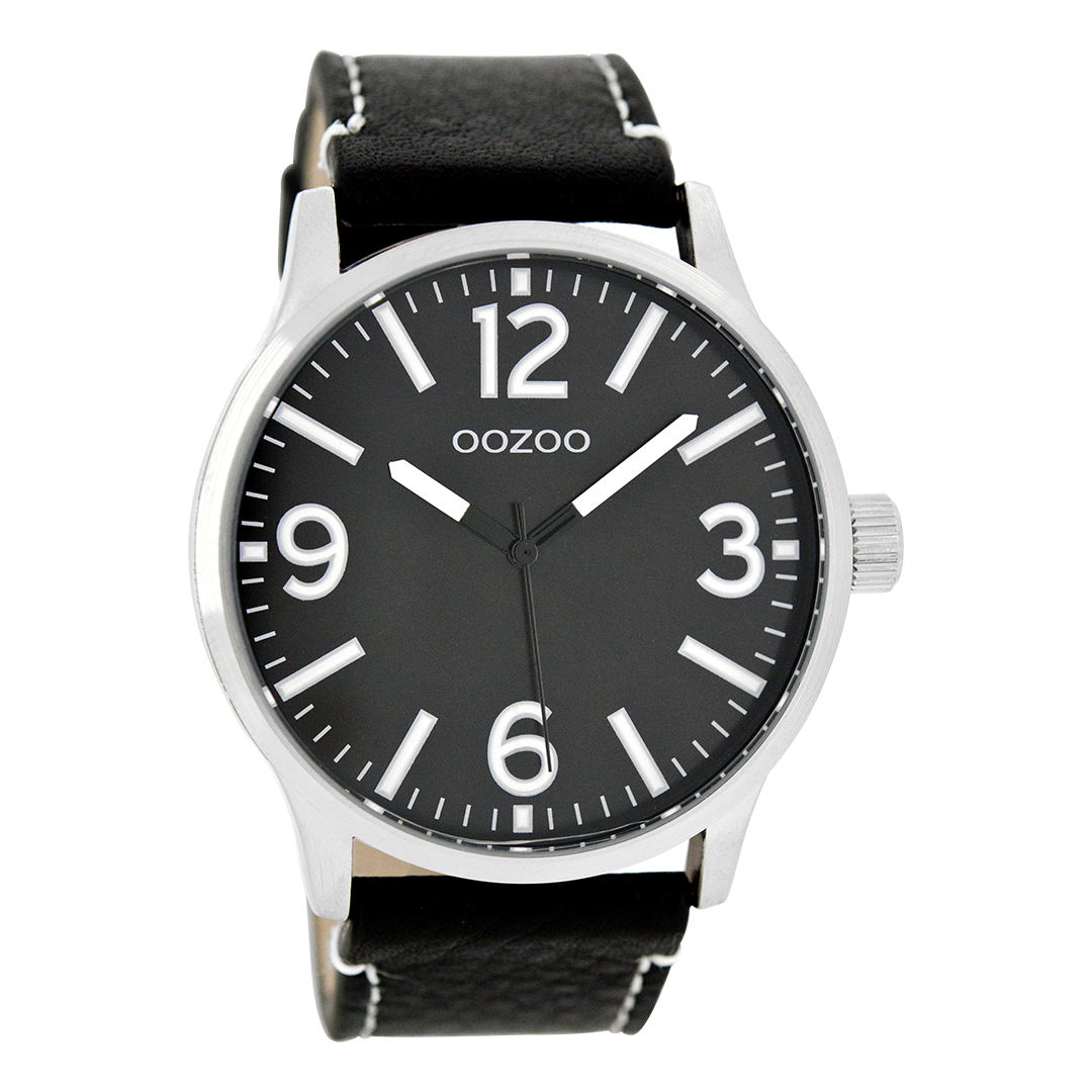 Silver coloured OOZOO watch with black leather strap - C7409