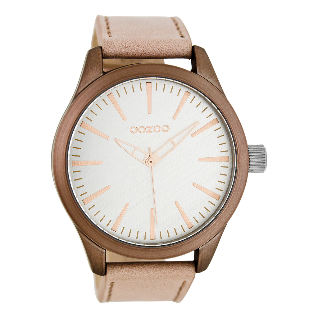 Zacht roze OOZOO horloge met oud roze leren band - C7425