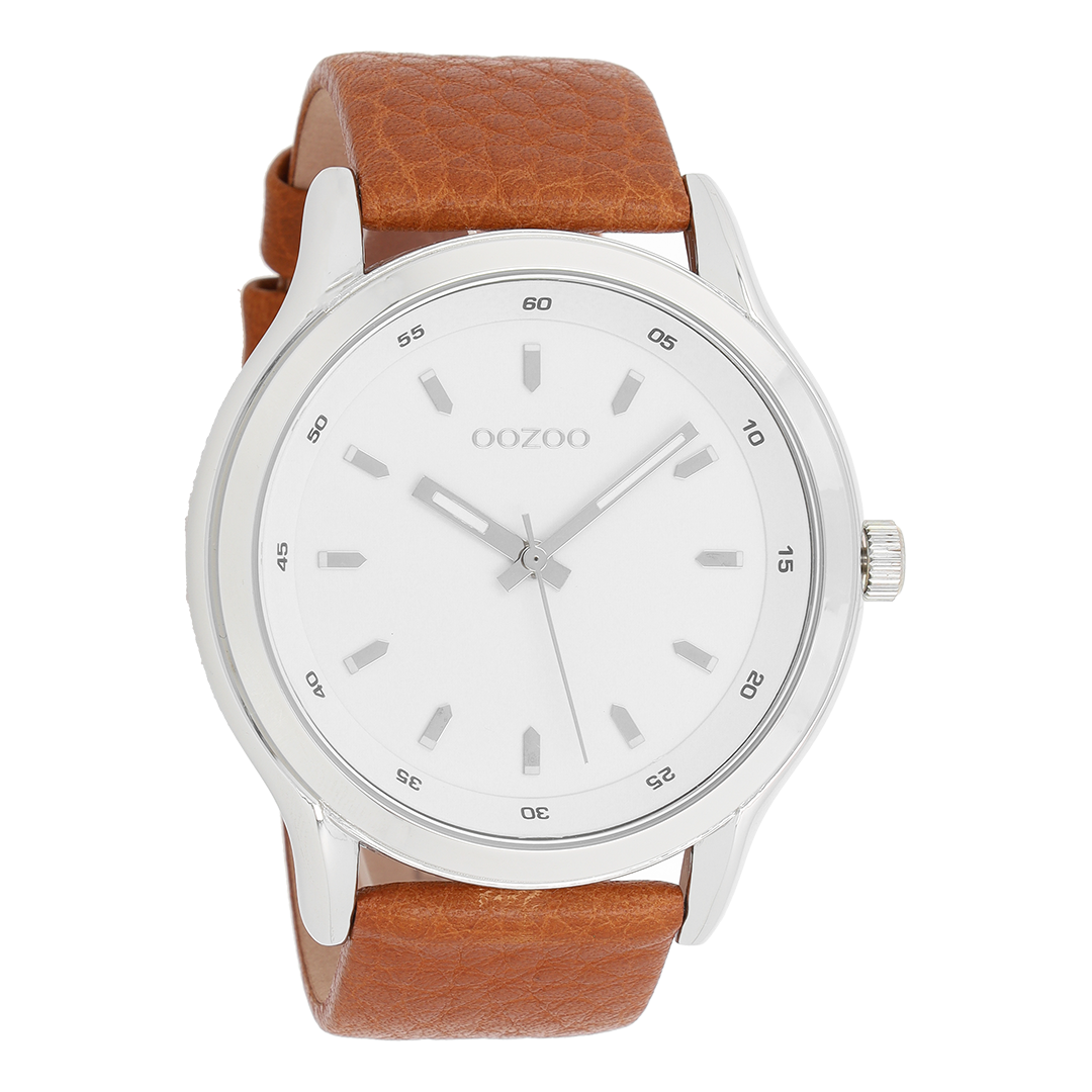 OOZOO Montre en couleur argent avec bracelet en cuir en cognac - C7430