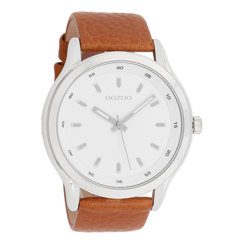 Silver coloured OOZOO watch with cognac leather strap - C7430
