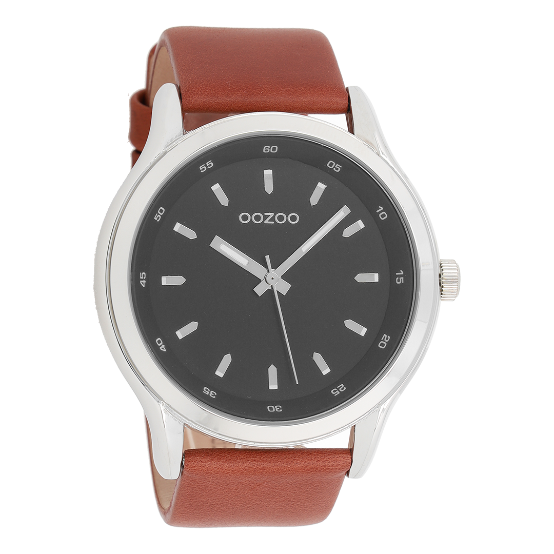 OOZOO Montre en couleur argent avec bracelet en cuir en cognac - C7431