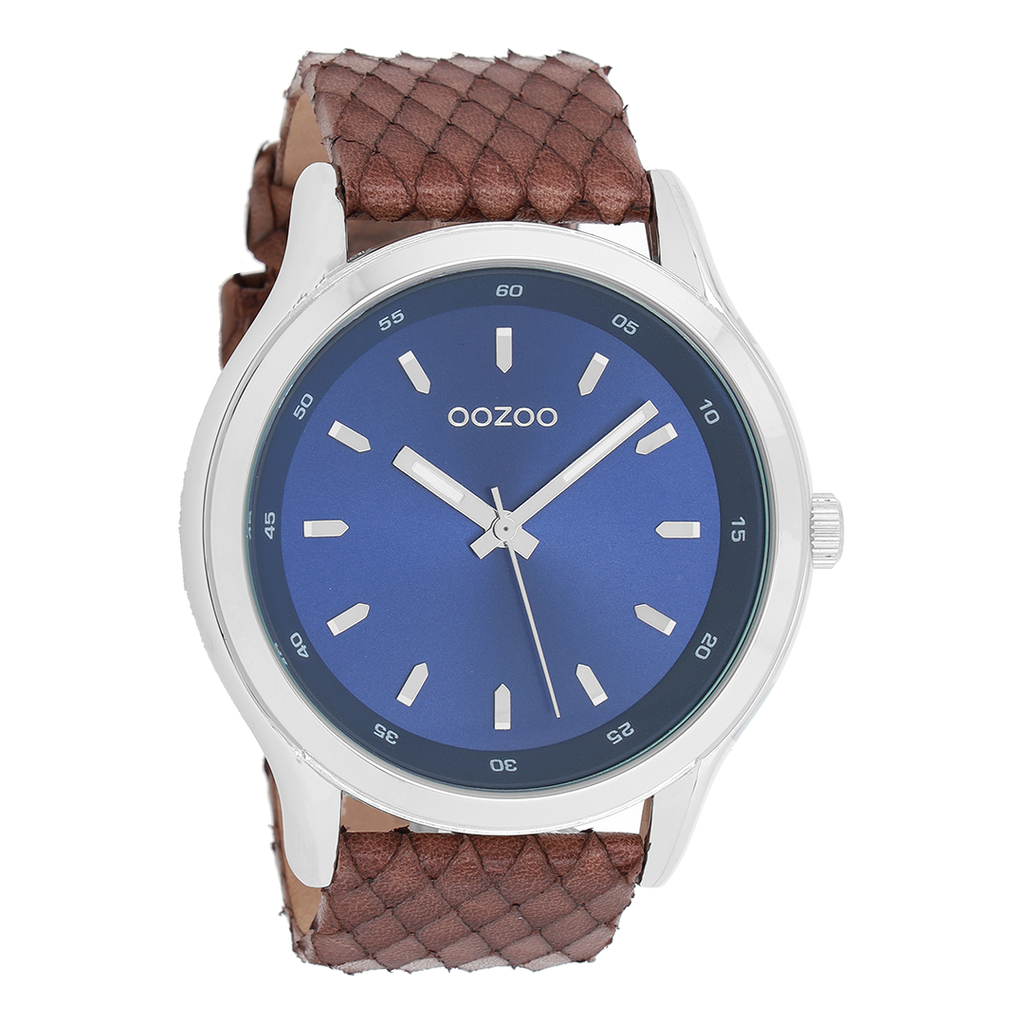 Silver coloured OOZOO watch with brown leather strap - C7432