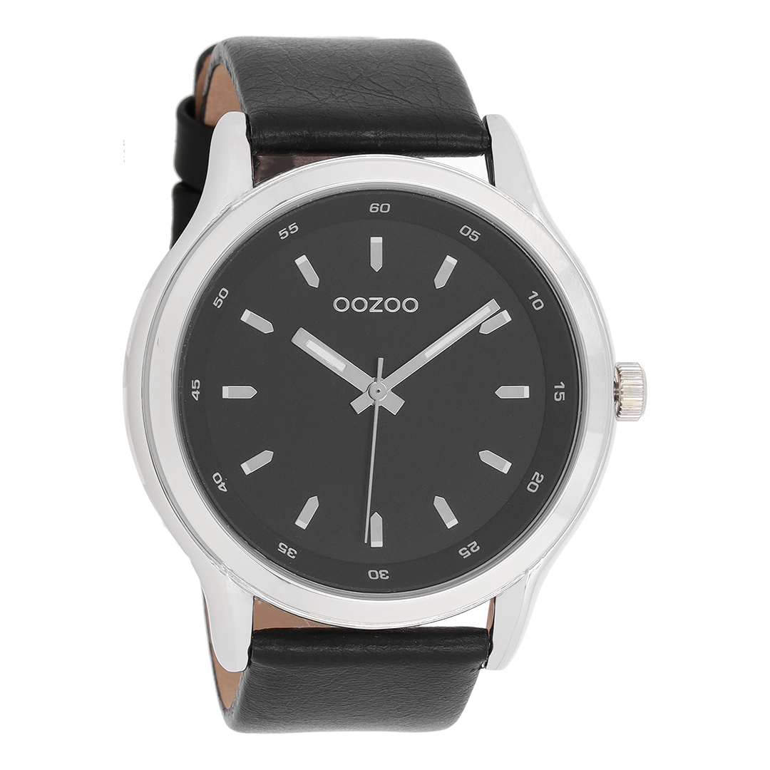 OOZOO Montre en couleur argent avec bracelet en cuir en noir - C7434
