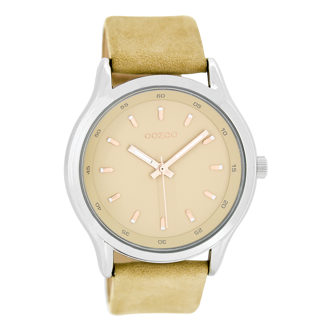 Silver coloured OOZOO watch with sand leather strap - C7435