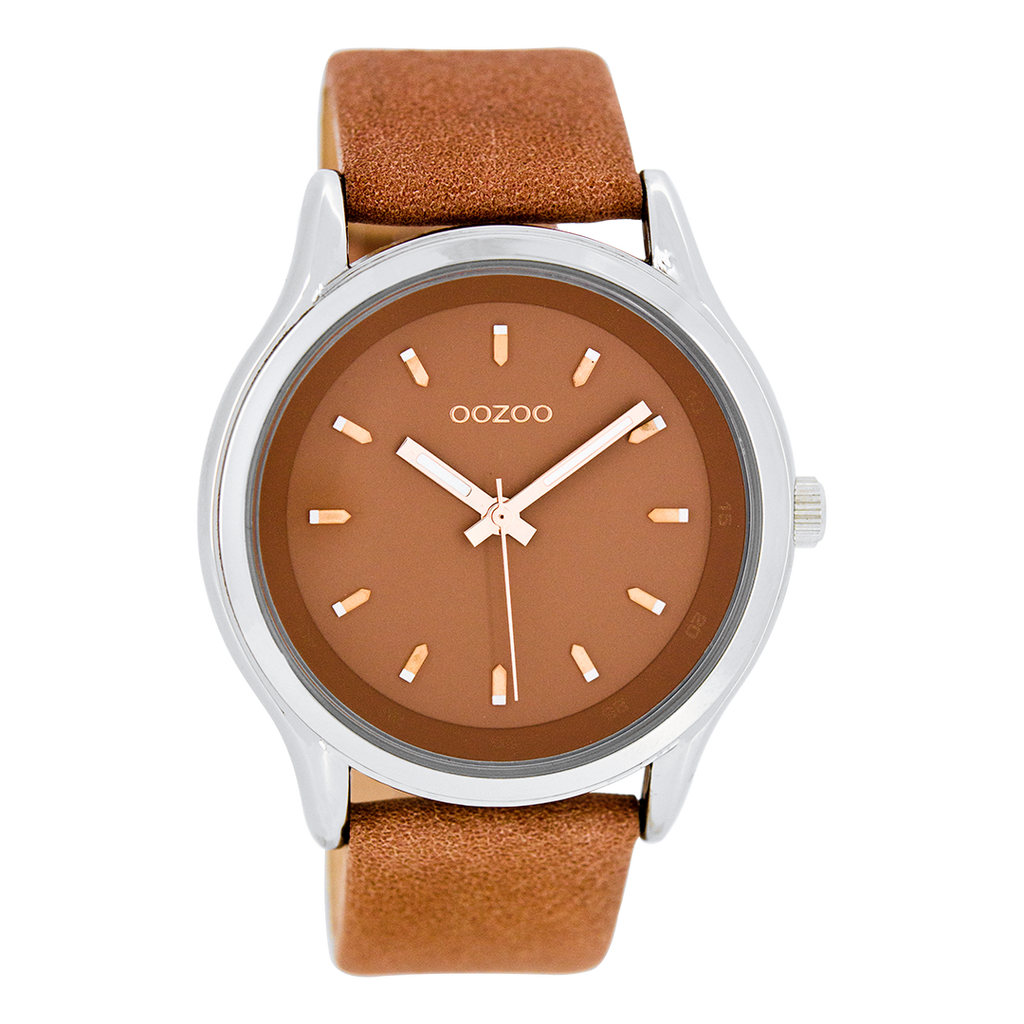 Zilverkleurige OOZOO horloge met poeder oranje leren band - C7437