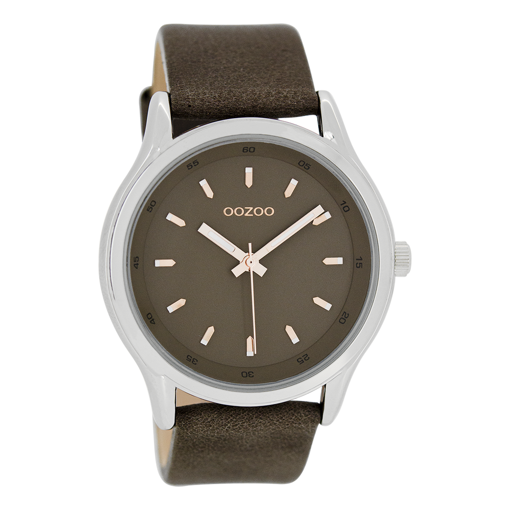 Zilverkleurige OOZOO horloge met donker bruine leren band - C7439