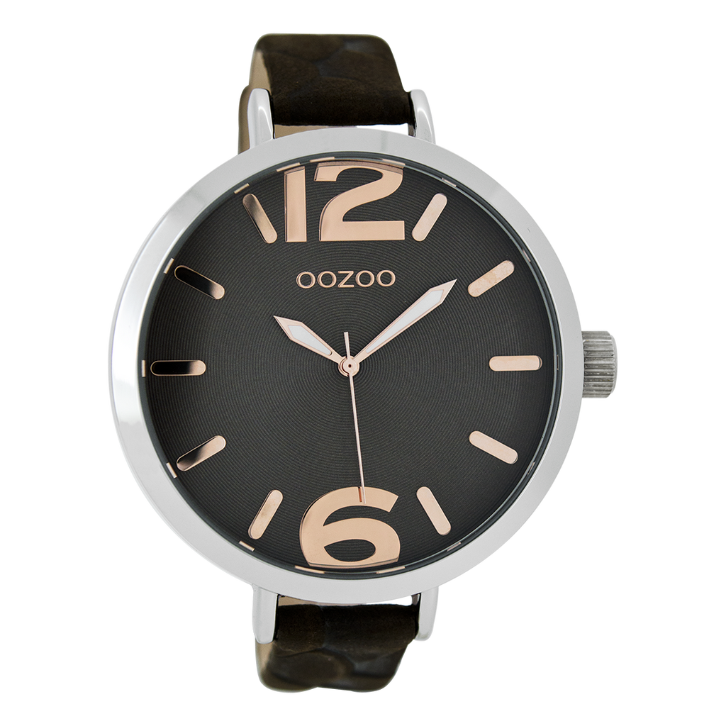 Zilverkleurige OOZOO horloge met donker bruine leren band - C7513