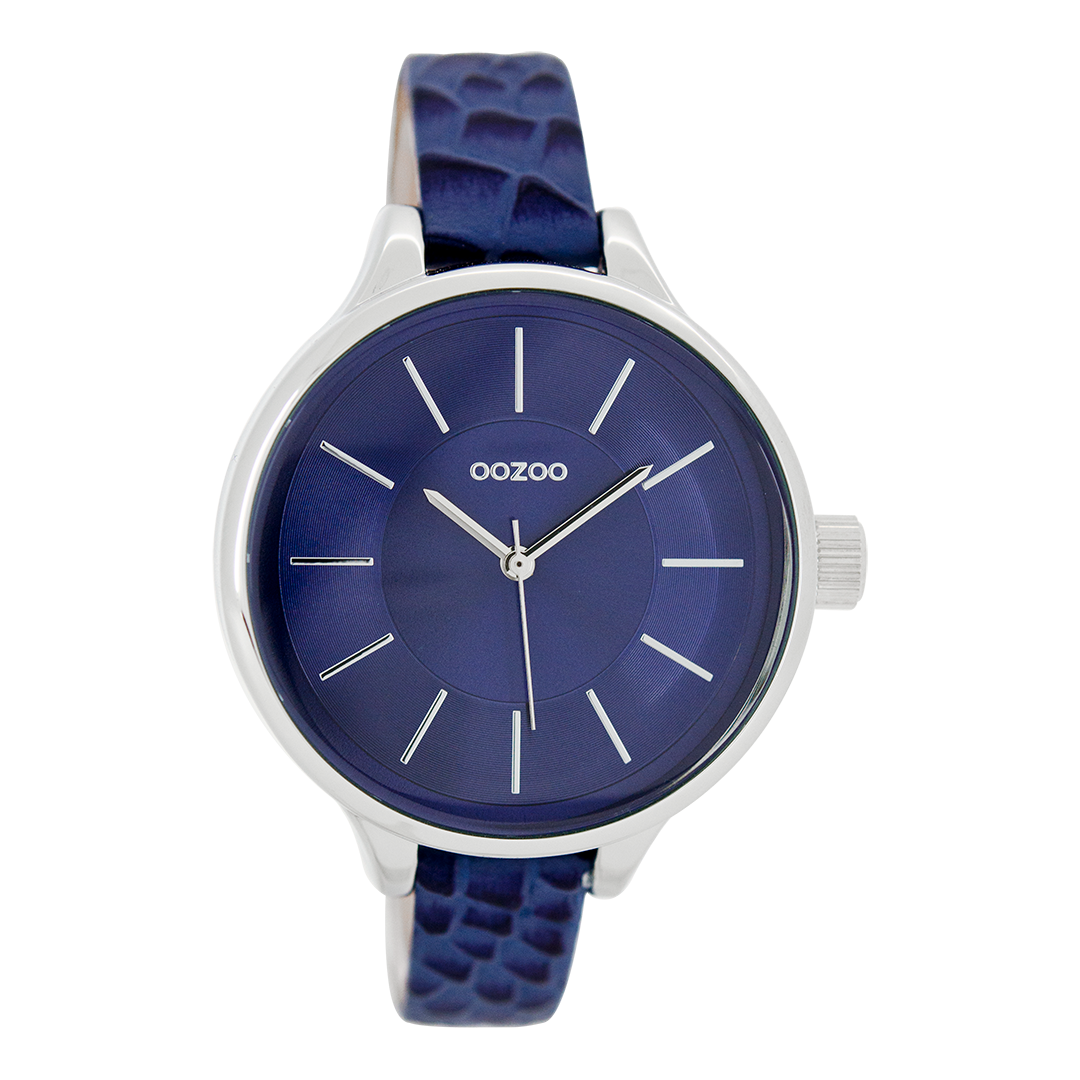 Silver coloured OOZOO watch with dark blue leather strap - C7548