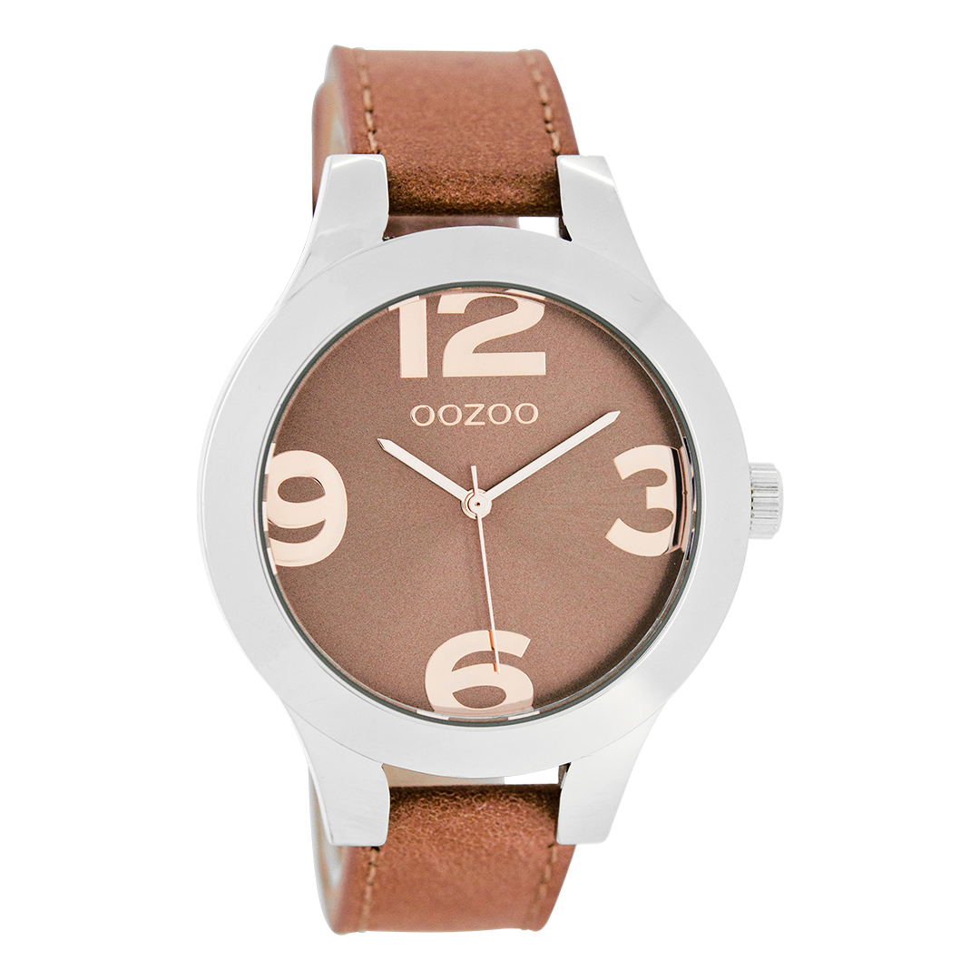 Silver coloured OOZOO watch with dusty orange leather strap - C7591