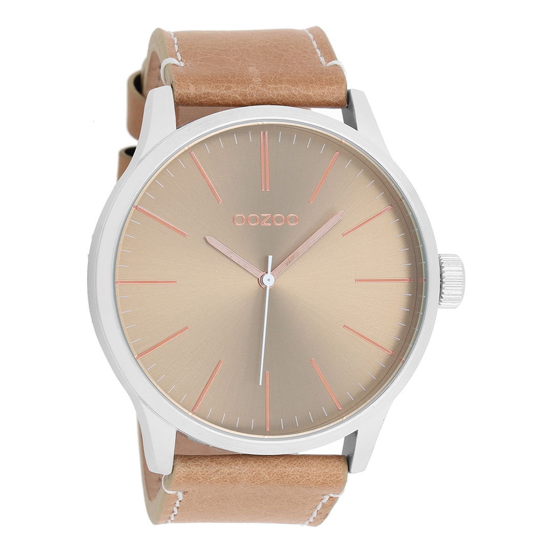 Silver coloured OOZOO watch with camel leather strap - C7815