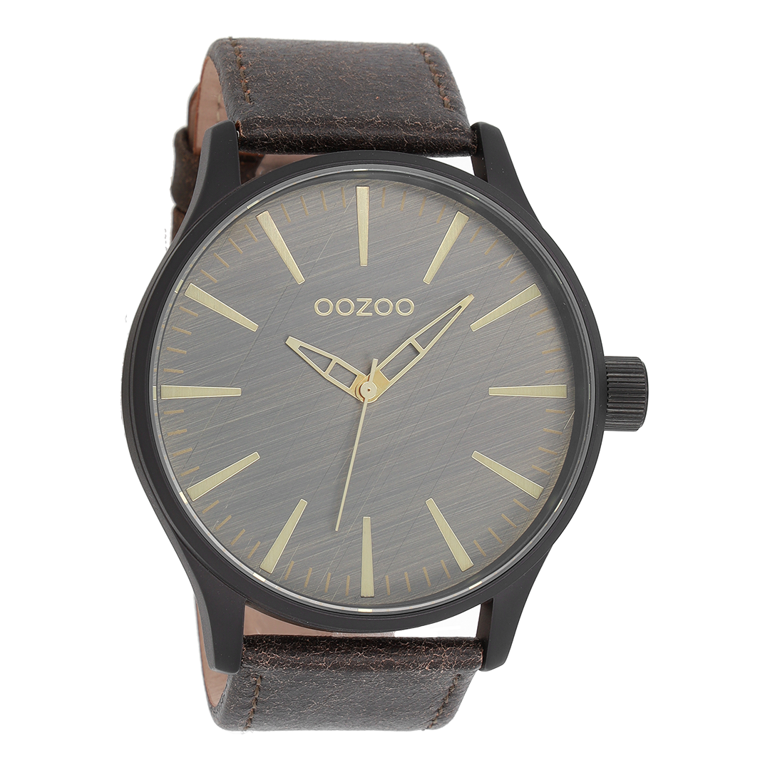 Black OOZOO watch with dark brown leather strap - C7863