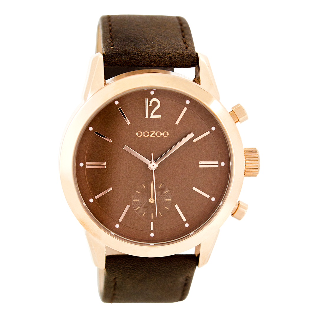 Rose gold coloured OOZOO watch with dark brown leather strap - C8014