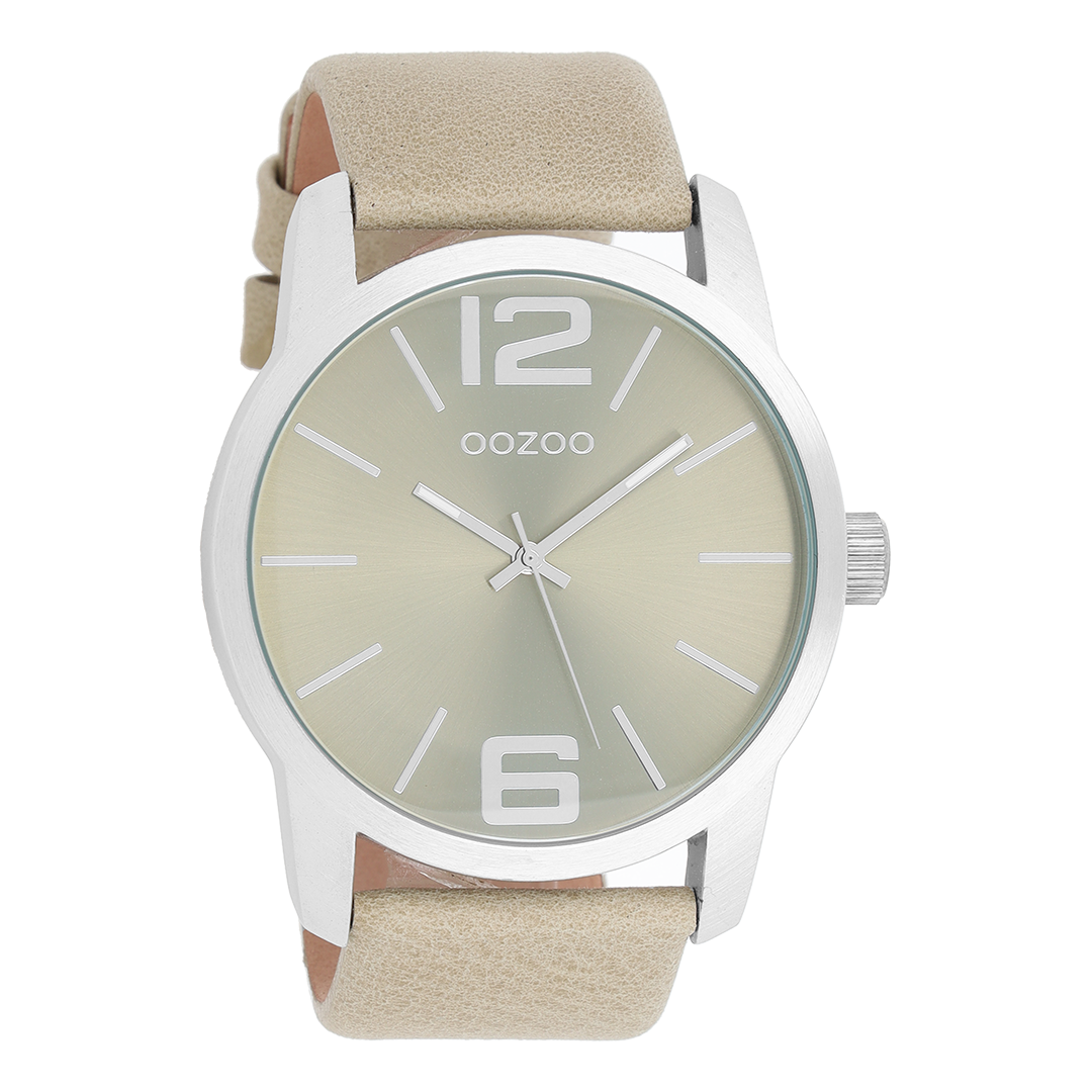 Silver coloured OOZOO watch with sand/light green leather strap - C8031