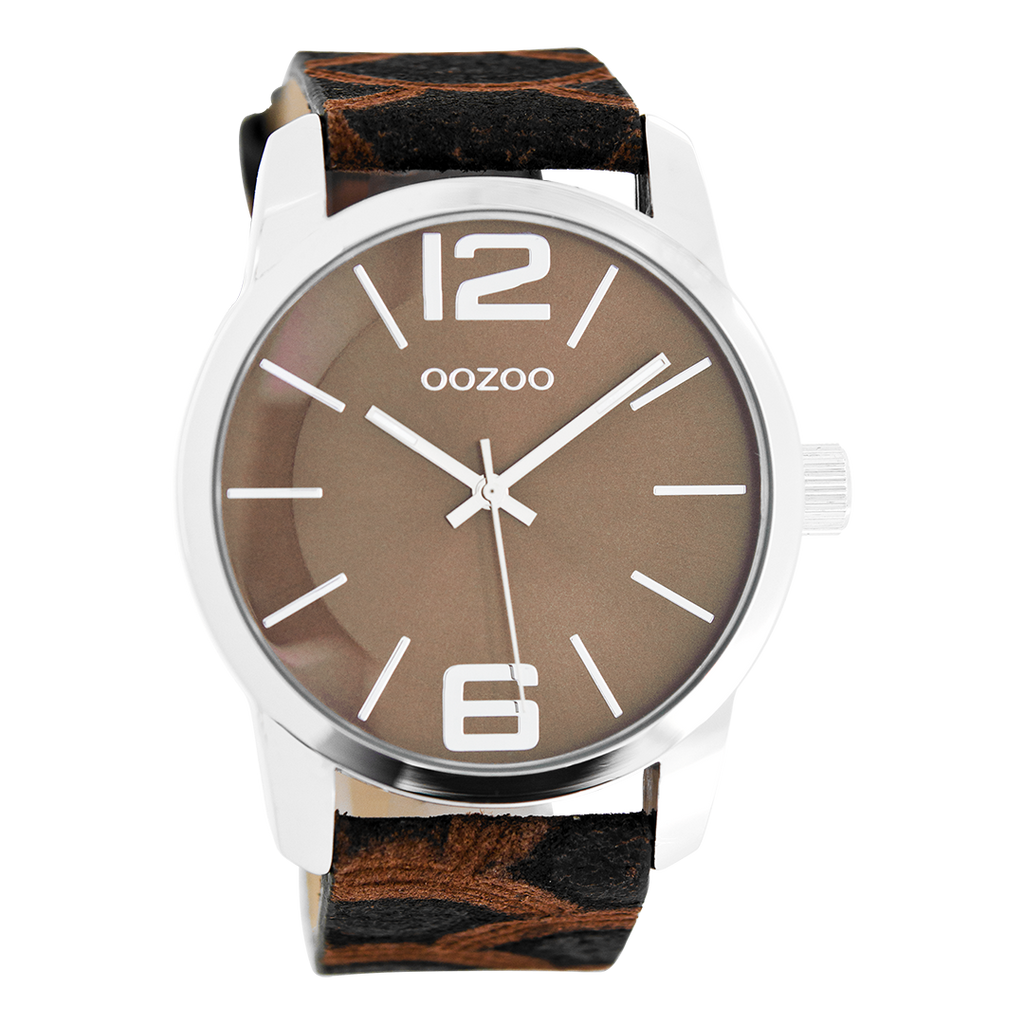 Zilverkleurige OOZOO horloge met bruine leren band - C8042