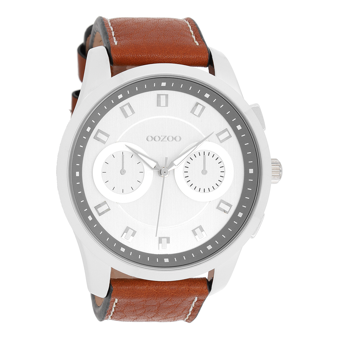 Zilverkleurige OOZOO horloge met cognac leren band - C8205