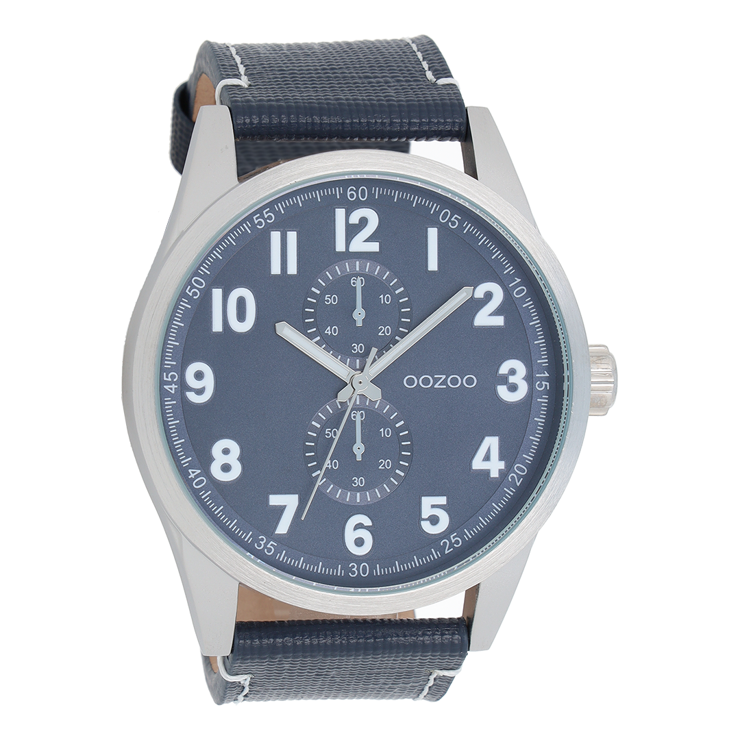Zilverkleurige OOZOO horloge met donker blauwe leren band - C8222