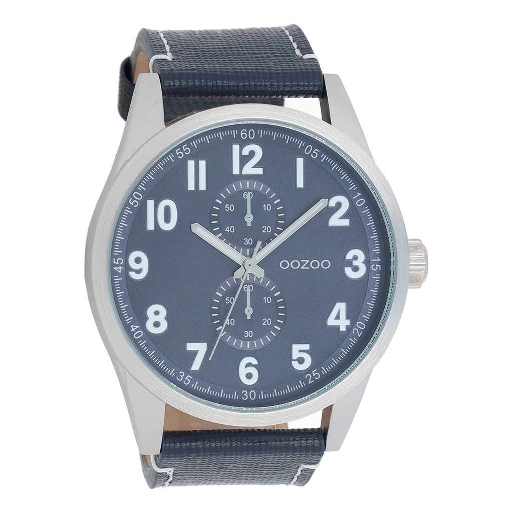 Zilverkleurige OOZOO horloge met donker blauwe leren band - C8222