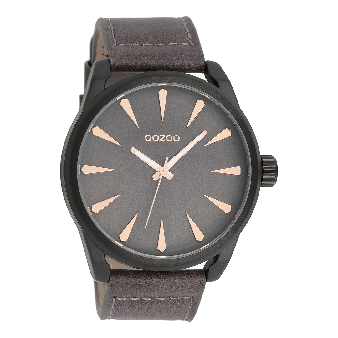 Zwarte OOZOO horloge met donker bruine leren band - C8228