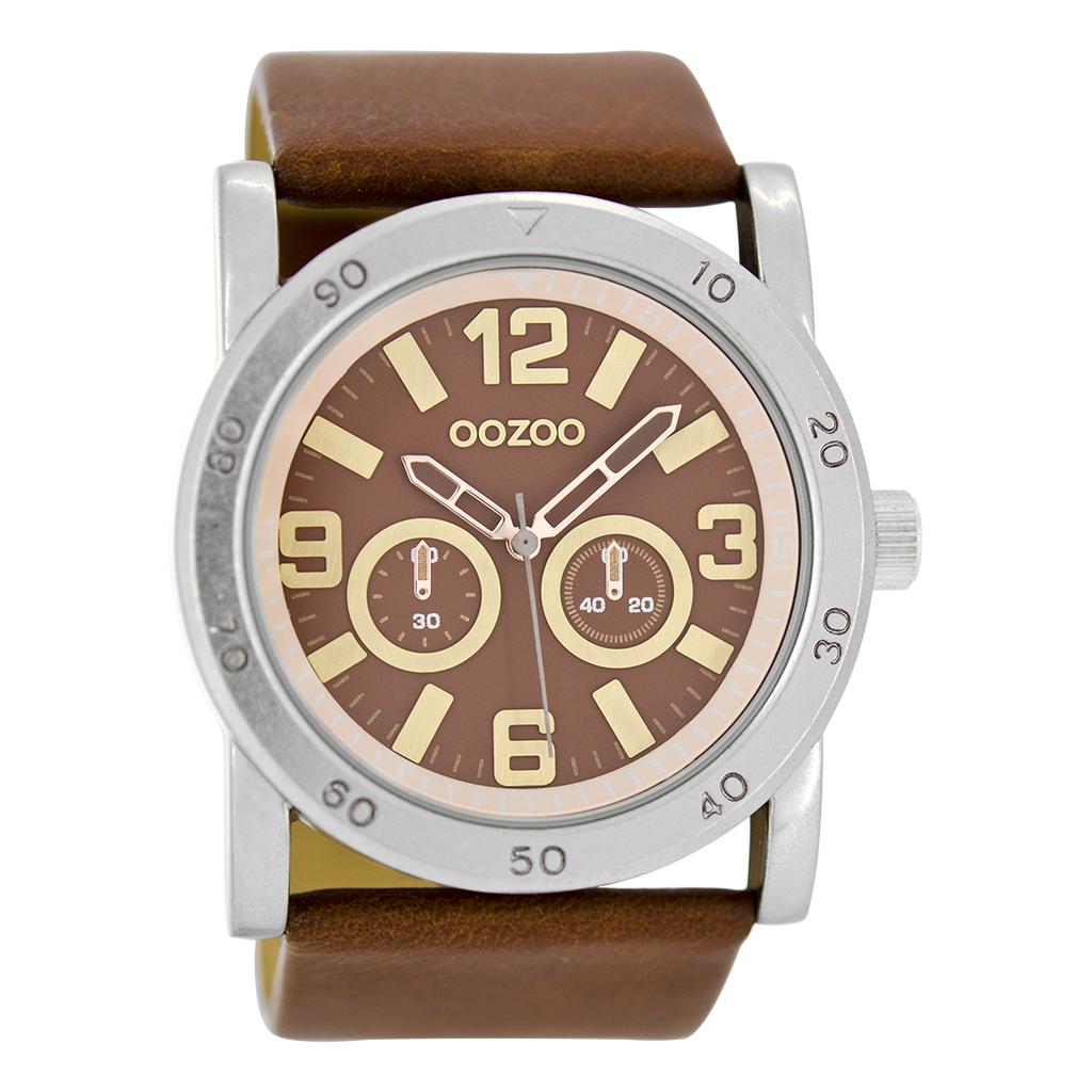 Silver coloured OOZOO watch with brown leather strap - C8306