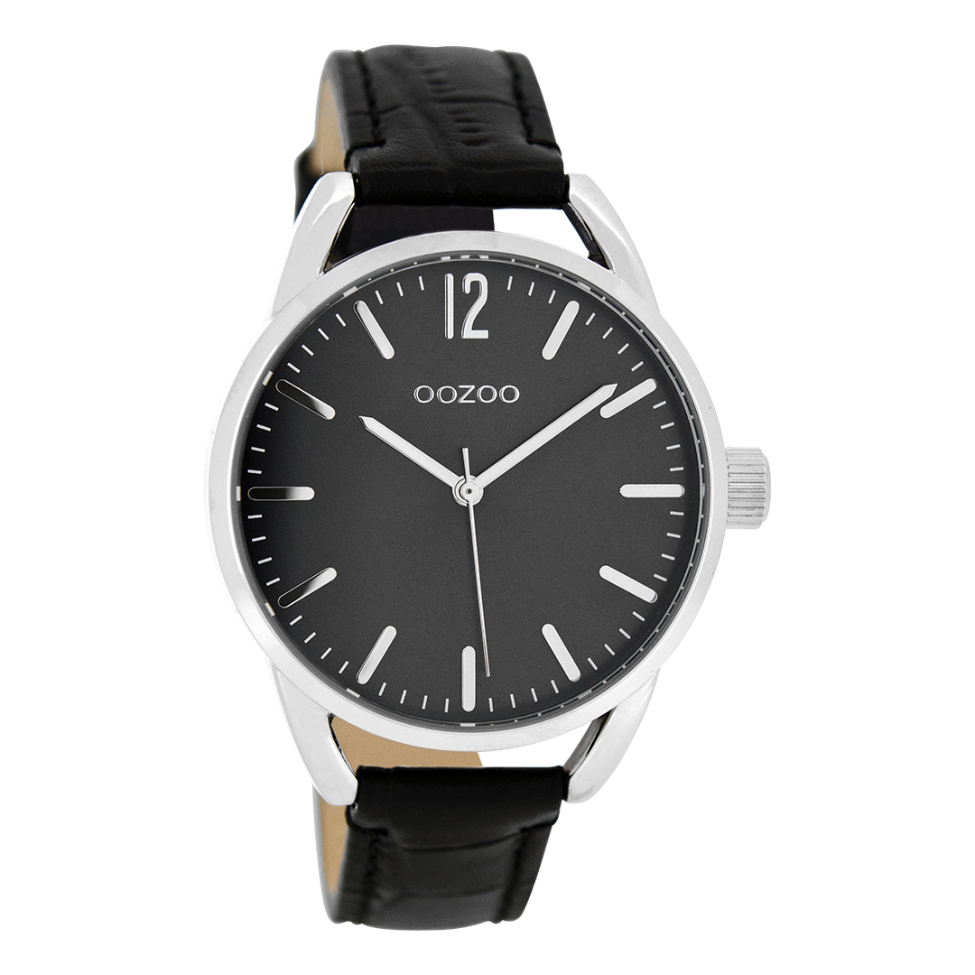 Silver coloured OOZOO watch with black leather strap - C8339