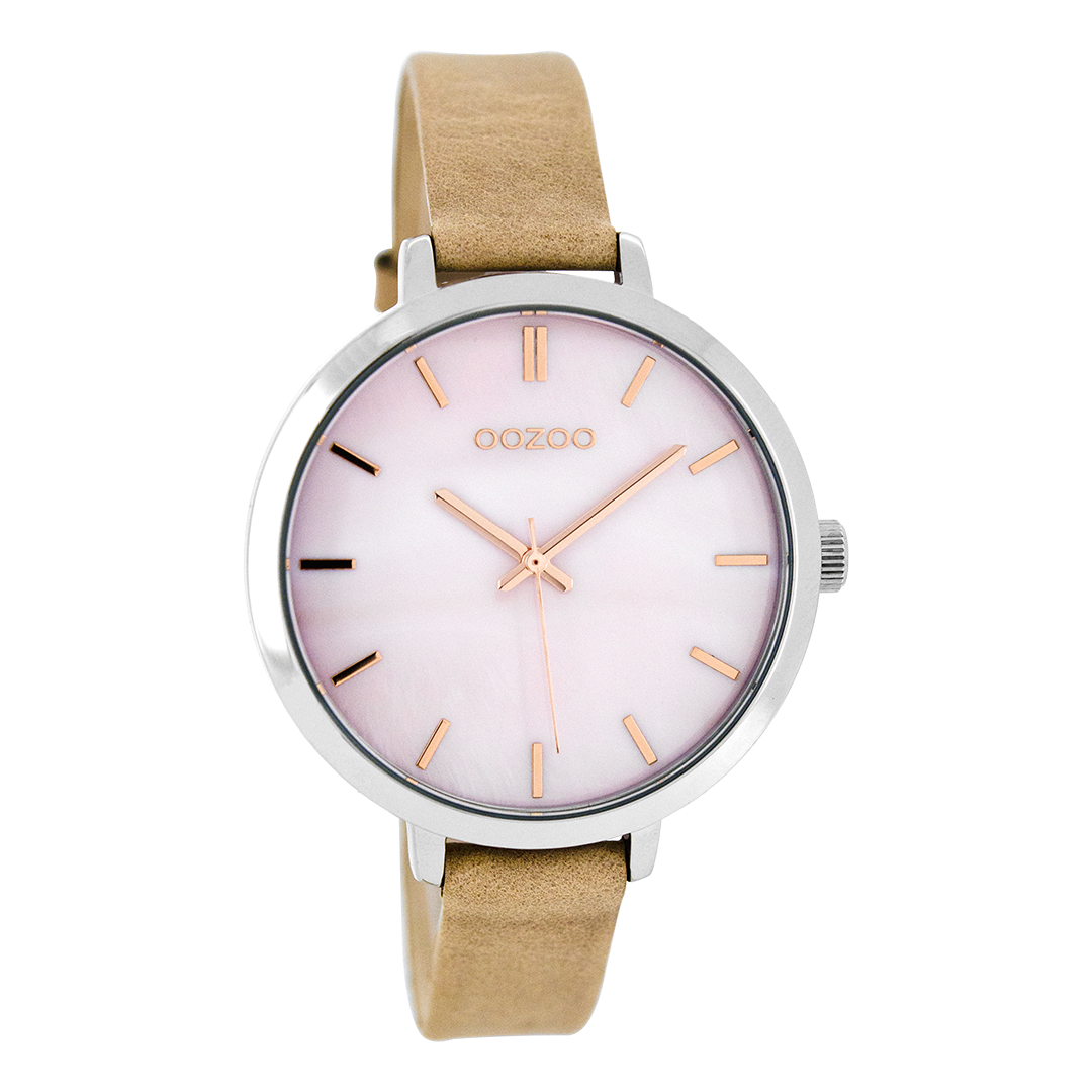 Silver coloured OOZOO watch with pink grey leather strap - C8356