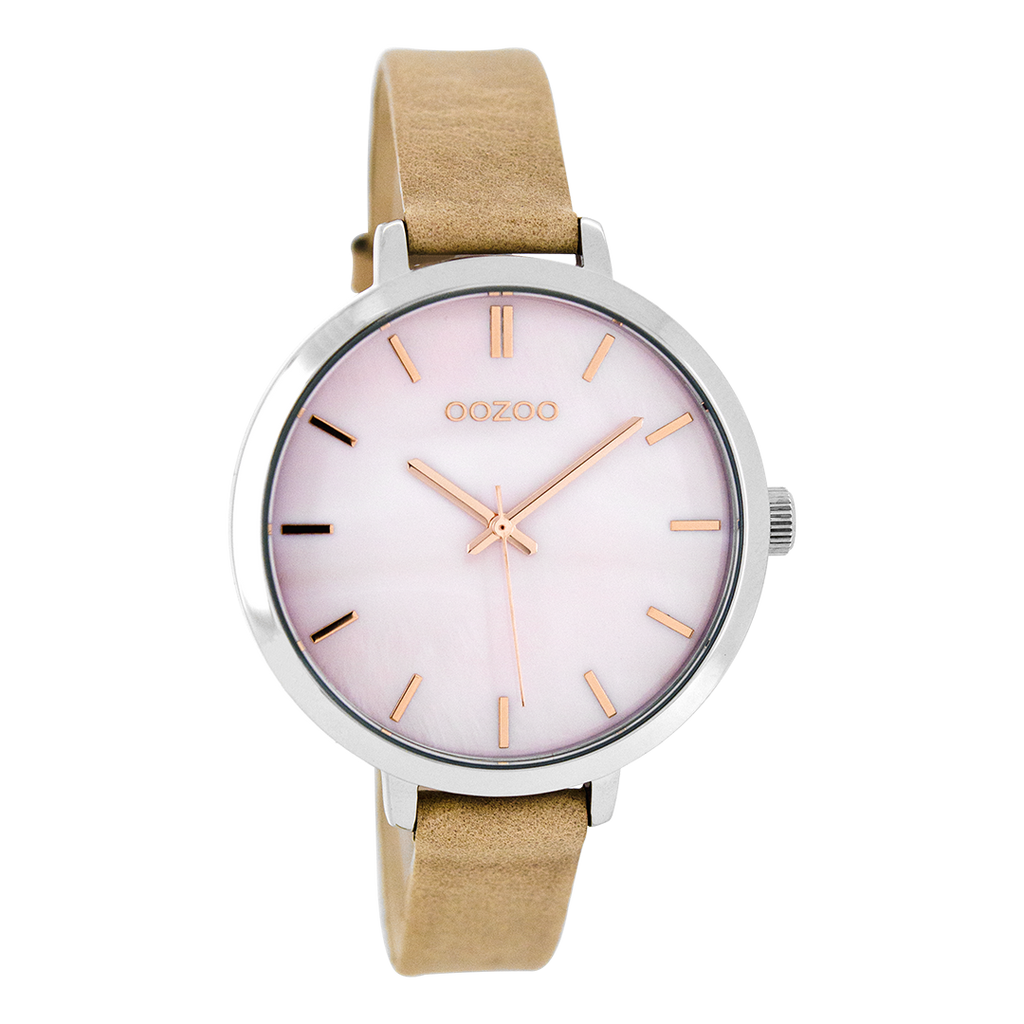 Silver coloured OOZOO watch with pink grey leather strap - C8356