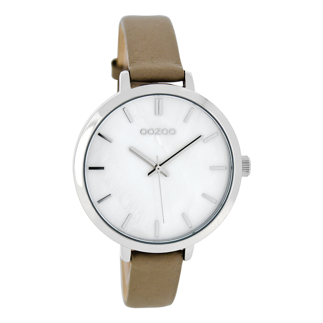 Silver coloured OOZOO watch with taupe leather strap - C8357