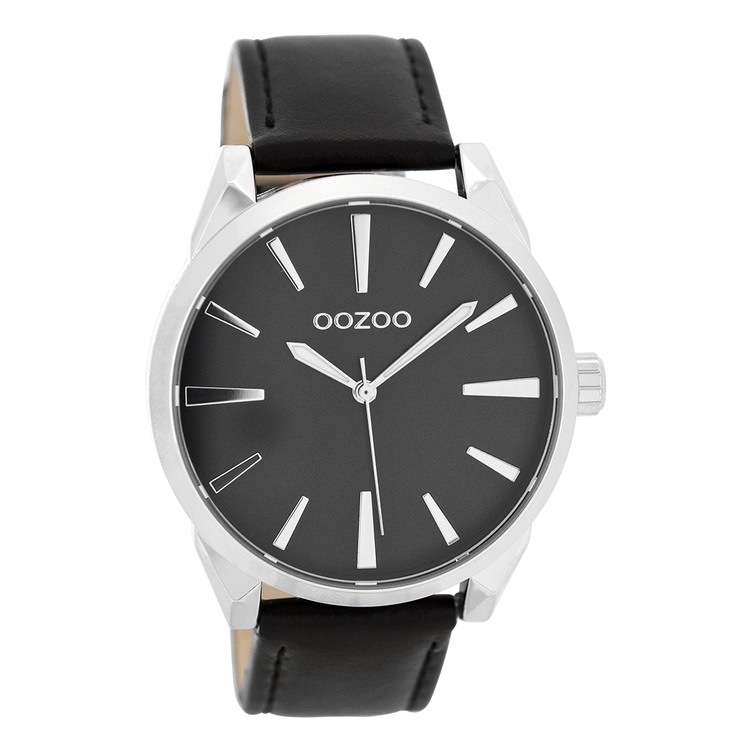 Silver coloured OOZOO watch with black leather strap - C8364