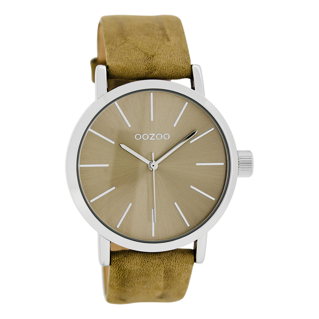 Silver coloured OOZOO watch with sand leather strap - C8420