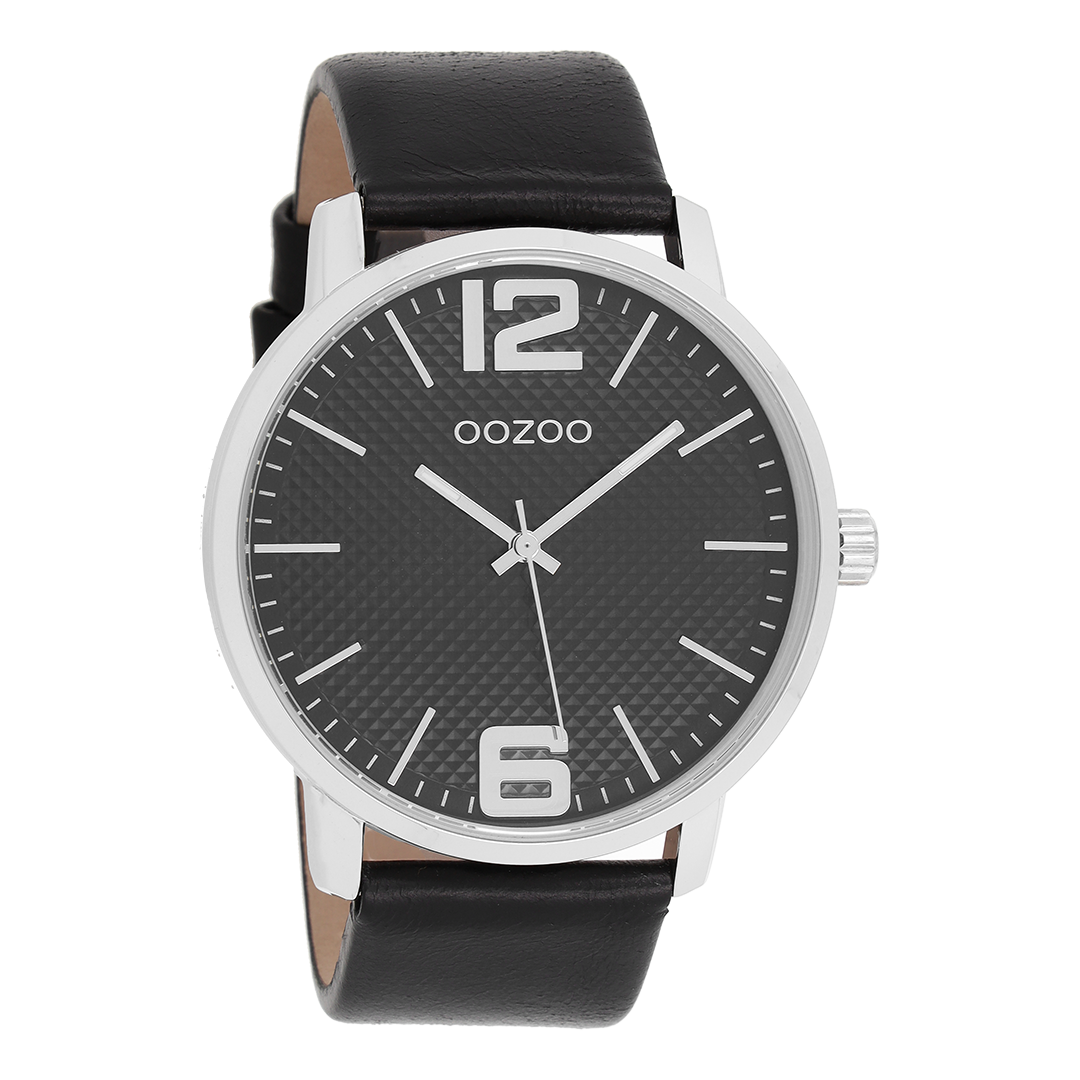 Zilverkleurige OOZOO horloge met zwarte leren band - C8504