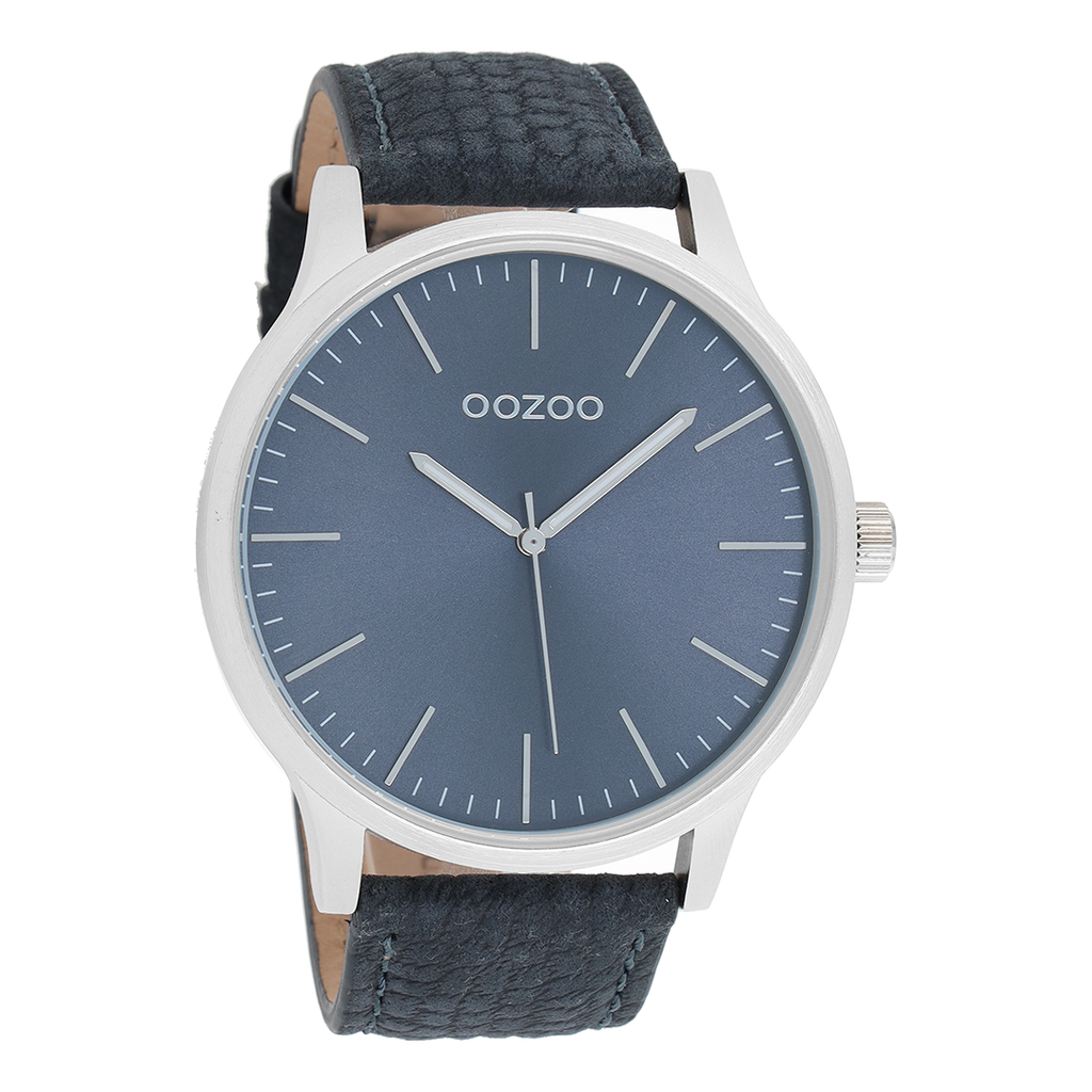 Zilverkleurige OOZOO horloge met donker blauwe leren band - C8537