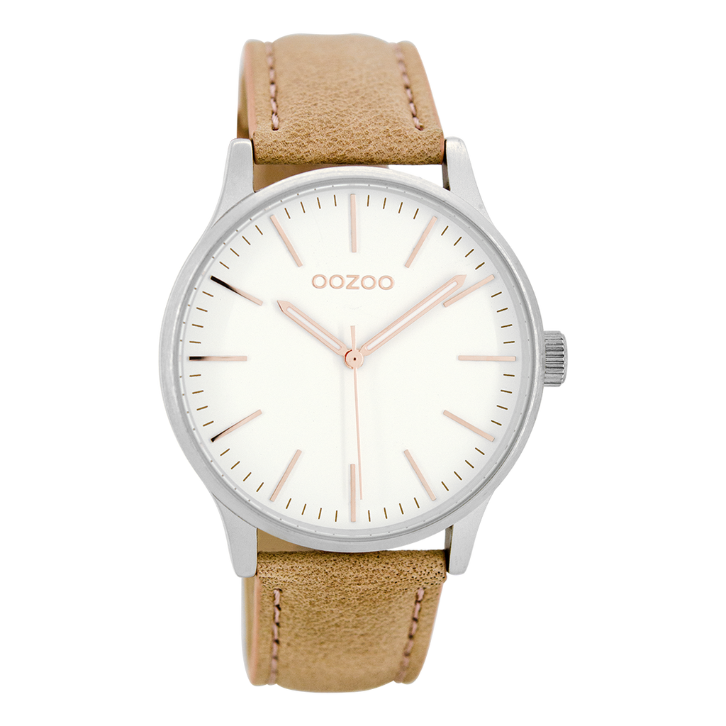 Silver coloured OOZOO watch with pink grey leather strap - C8541