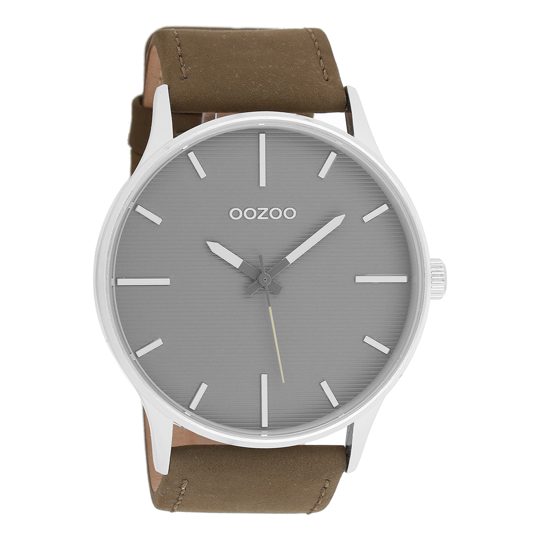 Silver coloured OOZOO watch with green leather strap - C8553