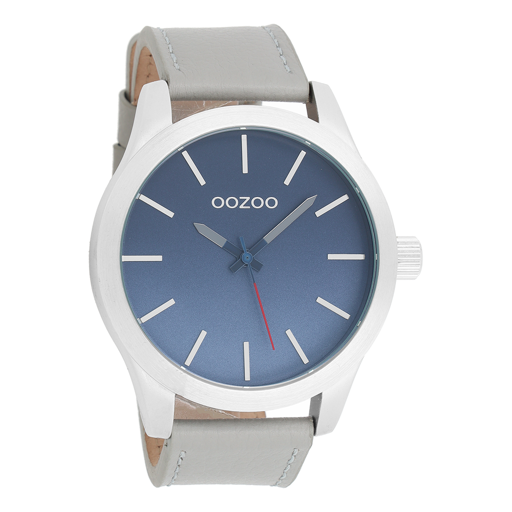 Zilverkleurige OOZOO horloge met licht grijze leren band - C8555