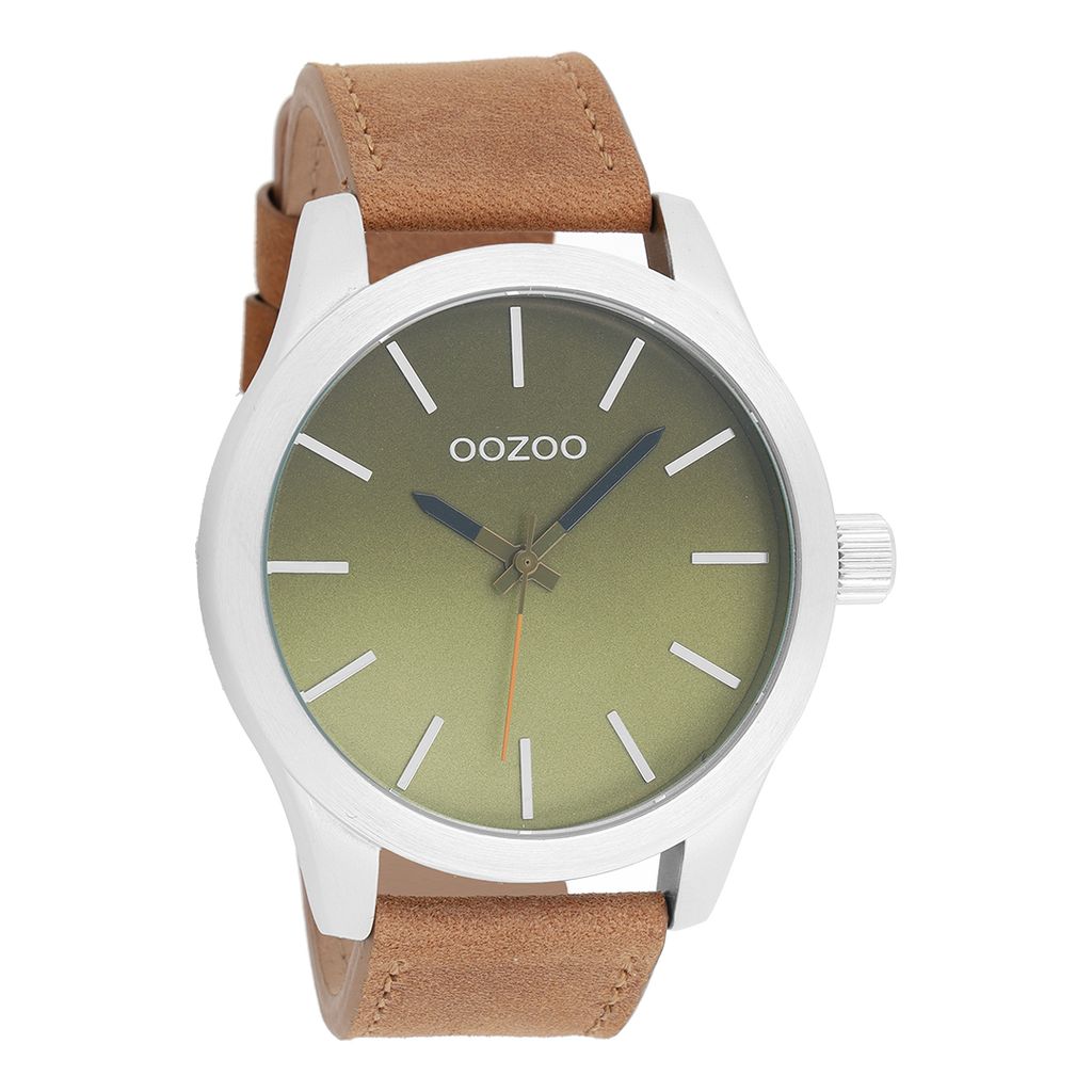 Zilverkleurige OOZOO horloge met bruine leren band - C8556