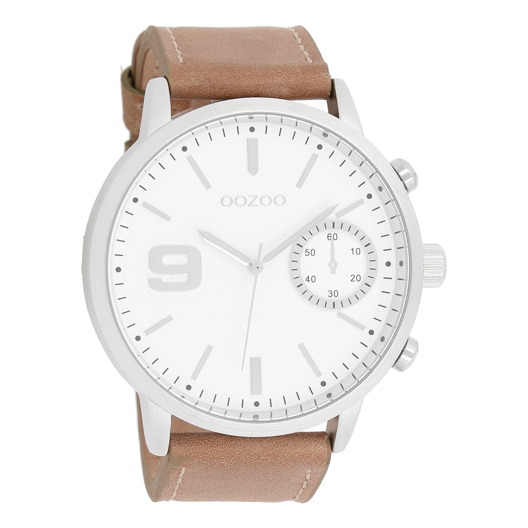 Silver coloured OOZOO watch with brown leather strap - C8580