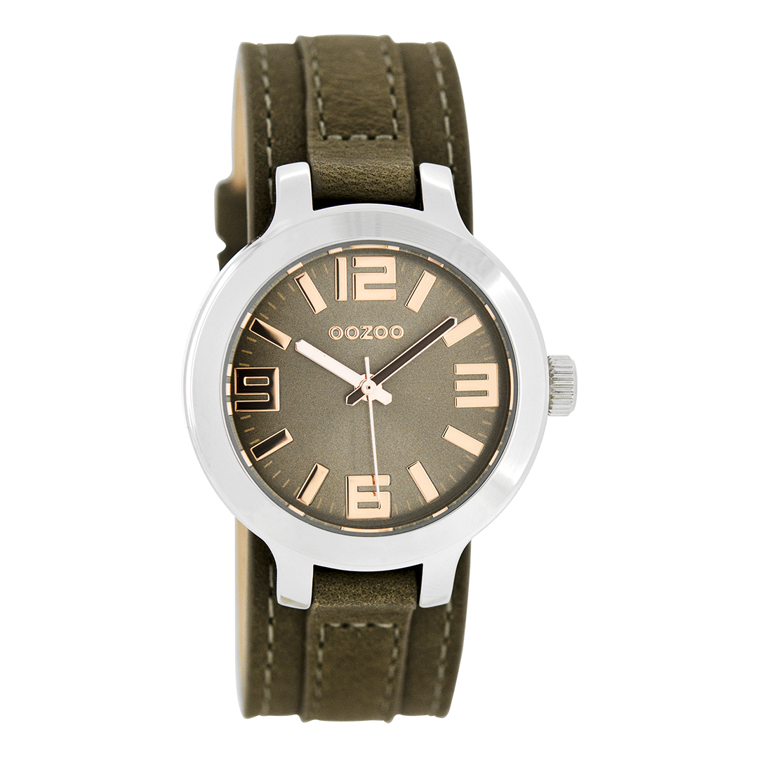 OOZOO Montre en couleur argent avec bracelet en cuir en marron foncé - C8708